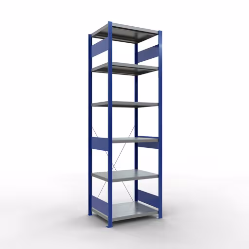 Basisplank, legplank, insteeksysteem MULTIplus250, 2500 x 750 x 600 mm (HxBxD), 6 legborden, kruisschoor, RAL 5010 gentiaanblauw/verzinkt/verzinkt, basisplank, art.nr. 12961-75-B