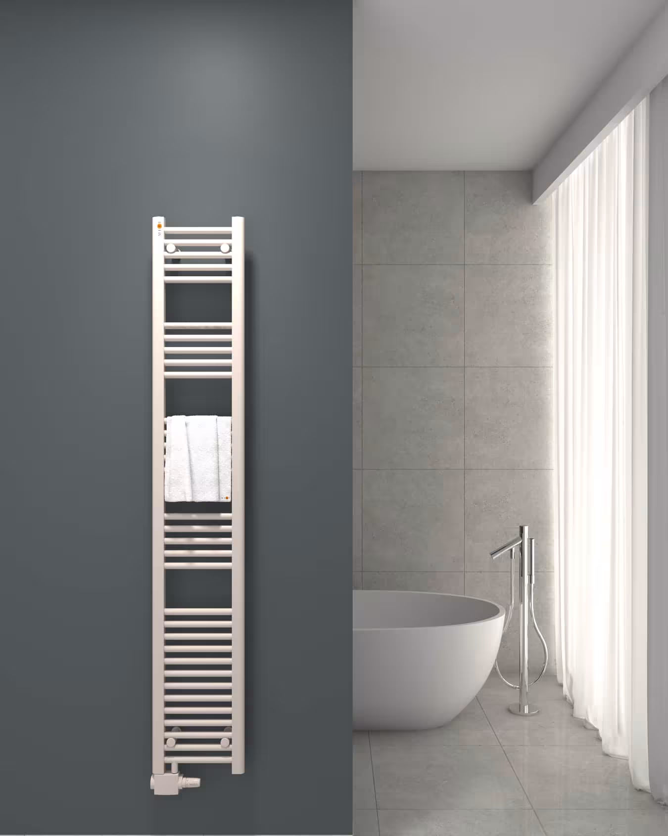 Vervangende handdoekradiator wit recht, 300 x 1800 mm, offset middenaansluiting links of rechts onder vanaf MERT MERT vervangende badkamerradiator wit recht, versprongen middenaansluiting links of rechts onder, vervangende radiator, art.nr. 1-30x180-AU-50