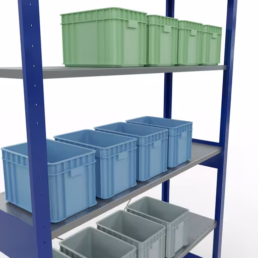 Extra afbeelding van het artikel Basisplank, legbord, insteeksysteem MULTIplus150, 2500 x 1300 x 400 mm (HxBxD), 6 legborden, kruisschoor, RAL 5010 gentiaanblauw/verzinkt Extra afbeelding van het artikel Basisplank, legplank, insteeksysteem MULTIplus150, 2500 x 1300 x 400 mm, 6 legborden, RAL 5010 gentiaanblauw/verzinkt vanaf basisplank