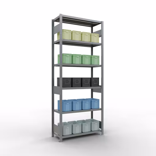 Productafbeelding nr. 13 van het artikel basisplank, legbord, insteeksysteem MULTIplus330, 2500 x 1000 x 400 mm (HxBxD), 6 legborden, lengtestangen, verzinkt Figuur nr. 13 van het artikel basisrek, legbord, insteeksysteem MULTIplus330, 2500 x 1000 x 400 mm, 6 legborden, lengtestangen, verzinkt uit de insteeksysteem productgroep van Schulte Lagertechnik.