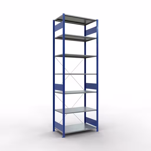 Basisplank, legbord, insteeksysteem MULTIplus85, 3000 x 1000 x 600 mm (HxBxD), 7 legborden, kruisschoor, RAL 5010 gentiaanblauw van Schulte Lagertechnik Basisplank, legplank, insteeksysteem MULTIplus85, 3000 x 1000 x 600 mm (HxBxD), 7 legborden, kruisschoor, RAL 5010 gentiaanblauw, basisplank, art.nr. 13162-B