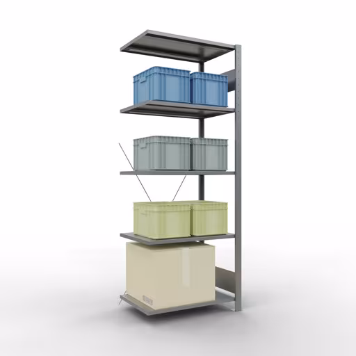 Aanbouwrekken, rekken, insteeksysteem MULTIplus150, 2000 x 750 x 500 mm (HxBxD), 5 legborden, kruisschoor, verzinkt met GTIN 4004514204943 Aanbouwplank, legbord, insteeksysteem MULTIplus150, 2000 x 750 x 500 mm, 5 legborden, kruisschoor, verzinkt van Schulte Lagertechnik met het artikelnr. 12755-75