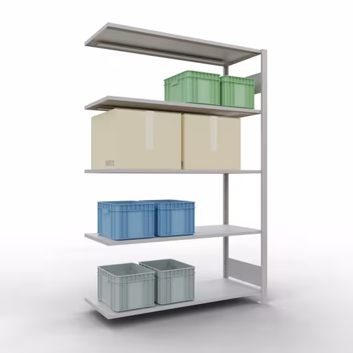 Andere weergave van het artikel Aanbouwrekken, legbord, insteeksysteem MULTIplus150, 2000 x 1300 x 500 mm, 5 legborden, RAL 7035 lichtgrijs uit de categorie aanbouwplanken