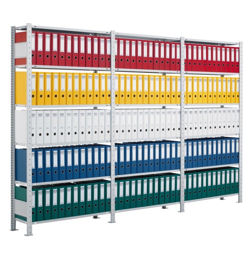 Andere weergave van het artikel Basisplank, kantoorplank, insteeksysteem MULTIplus85, 2300 x 1300 x 300 mm, 7 planken, kruisschoor, met aanslagbalk, zwart/lichtgrijs uit de categorie kantoorplanken