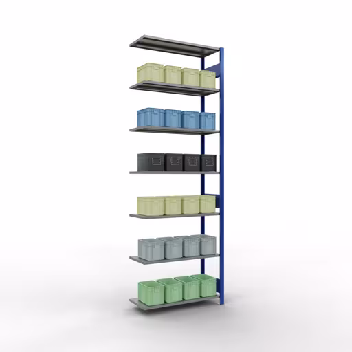 Aanbouwrekken, rekken, insteeksysteem MULTIplus150, 3000 x 1000 x 400 mm (HxBxD), 7 legborden, lengtestangen, RAL 5010 gentiaanblauw/verzinkt uit de categorie aanbouwrekken met GTIN 4004514280305 Aanbouwrekken, rekken, insteeksysteem MULTIplus150, 3000 x 1000 x 400 mm, 7 legborden, lengtestangen, RAL 5010 gentiaanblauw/verzinkt van Schulte Lagertechnik uit het assortiment insteeksysteem