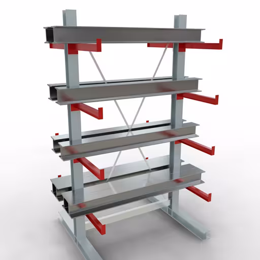 Productafbeelding nr. 10 van artikel K 3000 complete plank, dubbelzijdig, 2500 x 1300 x 600 mm, RAL 7001 / RAL 3000, 5 opslagniveaus Figuur nr. 10 van het artikel K 3000 complete stelling, dubbelzijdig, 2500 x 1300 x 600 mm, RAL 7001 / RAL 3000, 5 opslagniveaus uit de productgroep draagarmstellingen van Schulte Lagertechnik.
