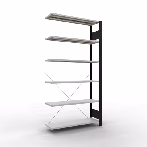 Aanbouwstelling, kantoorstelling, insteeksysteem MULTIplus85, 2000 x 1000 x 300 mm (HxBxD), 6 legborden, kruisschoor, zonder aanslaglijst, zwart/lichtgrijs, insteeksysteem, art.nr. 36028-S