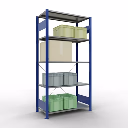 Basisplank, legbord, insteeksysteem MULTIplus150, 2000 x 1000 x 500 mm (HxBxD), 5 legborden, kruisschoor, RAL 5010/verzinkt met artikelnr. 12650-B Basisplank, legplank, insteeksysteem MULTIplus150, 2000 x 1000 x 500 mm, 5 legborden, RAL 5010/verzinkt van Schulte Lagertechnik uit de categorie insteeksystemen