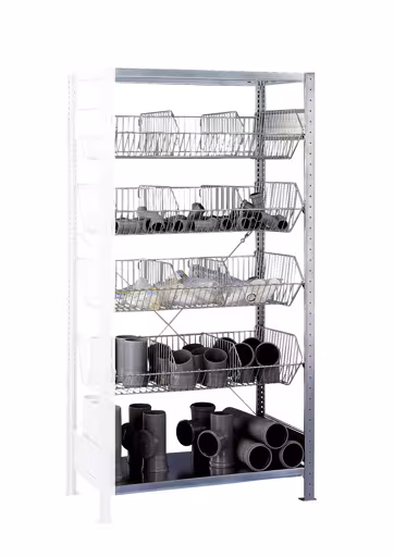 Aanbouwplank, draadmandenplank MULTIplus150, 2000 x 1000 x 500 mm (HxBxD), gegalvaniseerd, 2 planken, 4 stuks draadmanden van Schulte Lagertechnik Aanbouwplank, draadmandplank MULTIplus150, 2000 x 1000 x 500 mm (HxBxD), verzinkt, 2 legborden, 4 stuks draadmanden, opbergruimte voor kleine onderdelen, art.nr. 13673