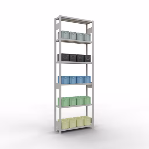 Productafbeelding nr. 13 van het artikel basisplank, plankplank, insteeksysteem MULTIplus250, 3000 x 1000 x 300 mm (HxBxD), 7 planken, lengtestangen, RAL 7035 lichtgrijs Figuur nr. 13 van het artikel basisrek, legbord, insteeksysteem MULTIplus250, 3000 x 1000 x 300 mm, 7 legborden, lengtestangen, RAL 7035 lichtgrijs uit de productgroep insteeksysteem van Schulte Lagertechnik.