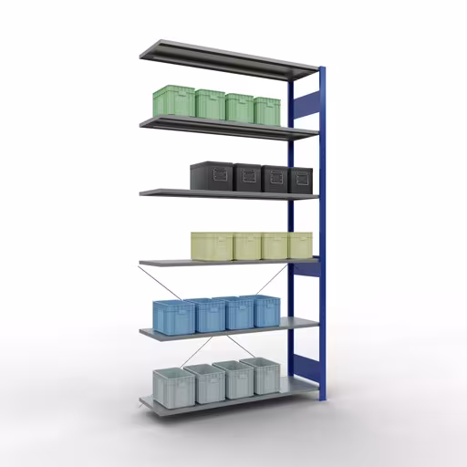 Andere weergave van het artikel Aanbouwplank, legbord-insteeksysteem MULTIplus150, 2500 x 1300 x 400 mm, 6 legborden, RAL 5010 gentiaanblauw/verzinkt uit de categorie insteeksysteem