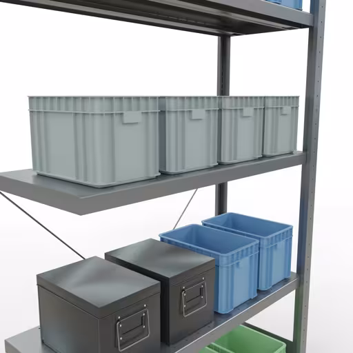 Productafbeelding nr. 12 van het artikel Aanbouwrekken, stellingrekken, insteeksysteem MULTIplus330, 2000 x 1000 x 400 mm (HxBxD), 5 legborden, kruisschoor, verzinkt Afbeelding nr. 12 van het artikel aanbouwrekken, legbordstellingen, insteeksysteem MULTIplus330, 2000 x 1000 x 400 mm, 5 legborden, kruisschoor, verzinkt uit de productgroep insteeksysteem van Schulte Lagertechnik