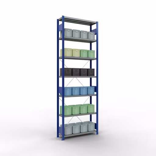 Figuur nr. 13 van het artikel basisrek, legbord, insteeksysteem MULTIplus330, 3000 x 1000 x 300 mm, 7 legborden, kruisschoor, RAL 5010 gentiaanblauw/verzinkt uit de insteeksysteem productgroep van Schulte Lagertechnik.
