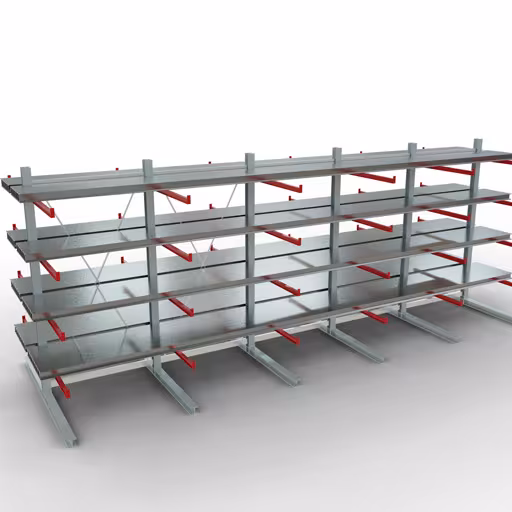 Productafbeelding nr. 12 van artikel K 6000 compleet legbord, dubbelzijdig, 3000 x 2x 7500 x 2x 1250 mm, RAL 7001 / RAL 3000, 5 opslagniveaus Afbeelding nr. 12 van het artikel K 6000 complete stelling, dubbelzijdig, 3000 x 2x 7500 x 2x 1250 mm, RAL 7001 / RAL 3000, 5 magazijnniveaus uit de productgroep draagarmstellingen van Schulte Lagertechnik