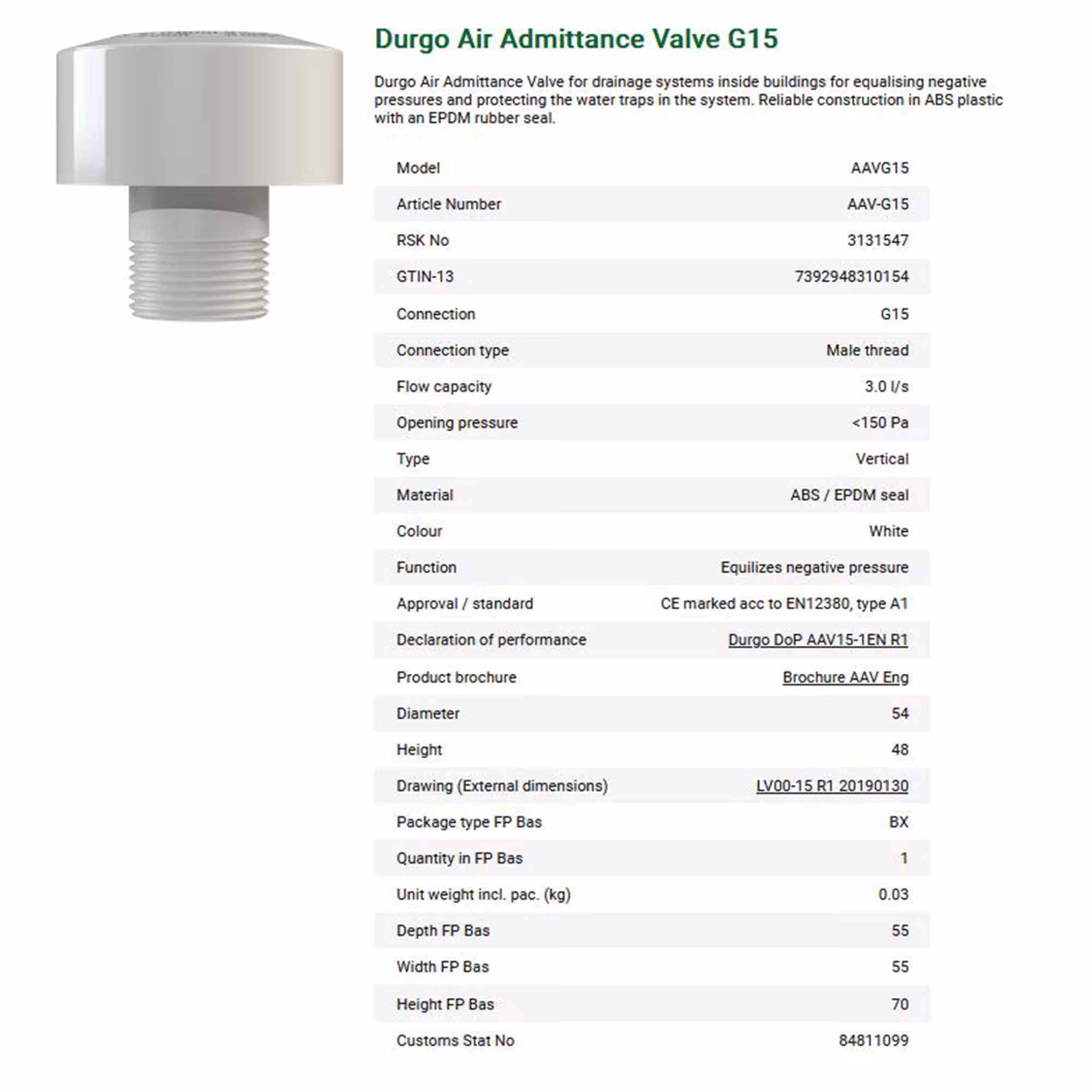 Durgo beluchter met schroefdraadaansluiting uitvoering maat: DN15 met GTIN 7392948310154 Ontluchtingsventiel DN 15 aansluiting 1/2 inch van Durgo met art.nr. 7000015