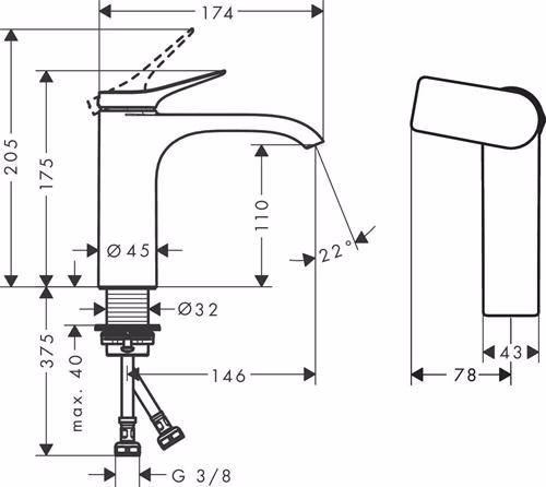 Technische Zeichnung 4065843 Hansgrohe monoknop wastafelmengkraan 110 VIVENIS zonder afloop chroom