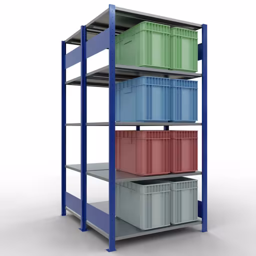Basisplank, dubbele plank, legplank-insteeksysteem MULTIplus150, 2000 x 1000 x (2x600) mm (HxBxD), 2x5 legborden, lengtestangen, RAL 5010 gentiaanblauw uit de categorie dubbele legborden met de GTIN 4004514296160 Basisplank, dubbele plank, stellingsysteem MULTIplus150, 2000 x 1000 x (2x600) mm, 2x5 planken, lengtestangen, RAL 5010 gentiaanblauw van Schulte Lagertechnik uit het rekkenprogramma