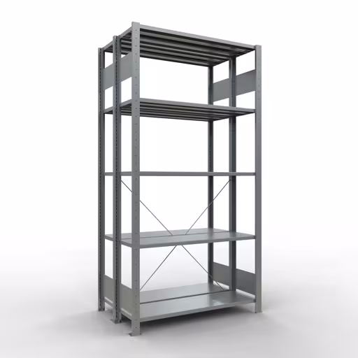 Basisplank, dubbele plank, legbord, insteeksysteem MULTIplus150, 2000 x 1000 x (2x300) mm (HxBxD), 2x5 legborden, kruisschoor, verzinkt, dubbele legborden, art.nr. 13730