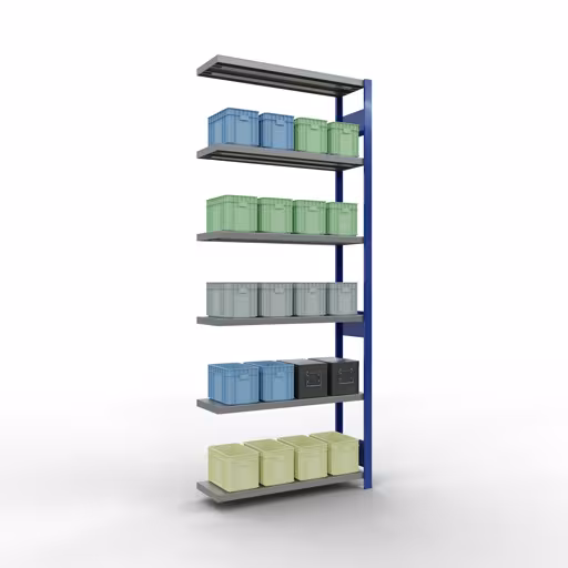 Aanbouwrekken, rekken, insteeksysteem MULTIplus250, 2500 x 1000 x 300 mm (HxBxD), 6 legborden, lengtestangen, RAL 5010 gentiaanblauw/verzinkt uit de categorie aanbouwrekken met GTIN 4004514282385 Aanbouwrekken, rekken, insteeksysteem MULTIplus250, 2500 x 1000 x 300 mm, 6 legborden, lengtestangen, RAL 5010 gentiaanblauw/verzinkt van Schulte Lagertechnik uit het assortiment insteeksysteem