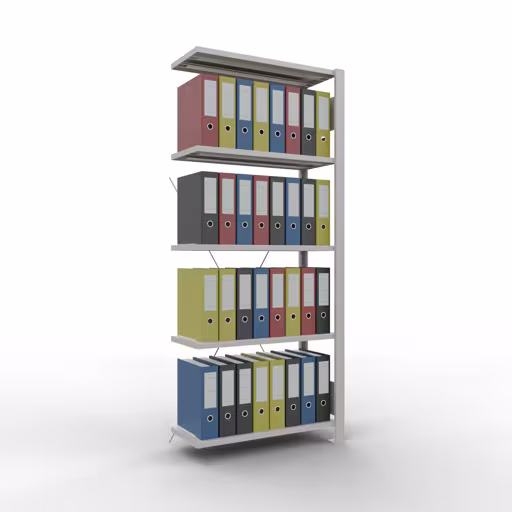 Productafbeelding nr. 13 van het artikel Aanbouwstelling, kantoorstelling, insteeksysteem MULTIplus85, 1800 x 750 x 300 mm, 5 legborden, kruisschoor, zonder aanslaglijst, lichtgrijs Afbeelding nr. 13 van het artikel, kantoorrekken, insteeksysteem MULTIplus85, 1800 x 750 x 300 mm, 5 planken, zonder aanslaglijst, lichtgrijs uit de productgroep kantoorrekken van Schulte Lagertechnik