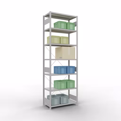 Basisplank, legplank, insteeksysteem MULTIplus330, 3000 x 1000 x 500 mm, 7 legborden, kruisschoor, RAL 7035 lichtgrijs uit de categorie basisplanken met de GTIN 4004514204349 Basisplank, legbord, insteeksysteem MULTIplus330, 3000 x 1000 x 500 mm, 7 legborden, kruisschoor, RAL 7035 lichtgrijs van Schulte Lagertechnik uit het assortiment insteeksysteem