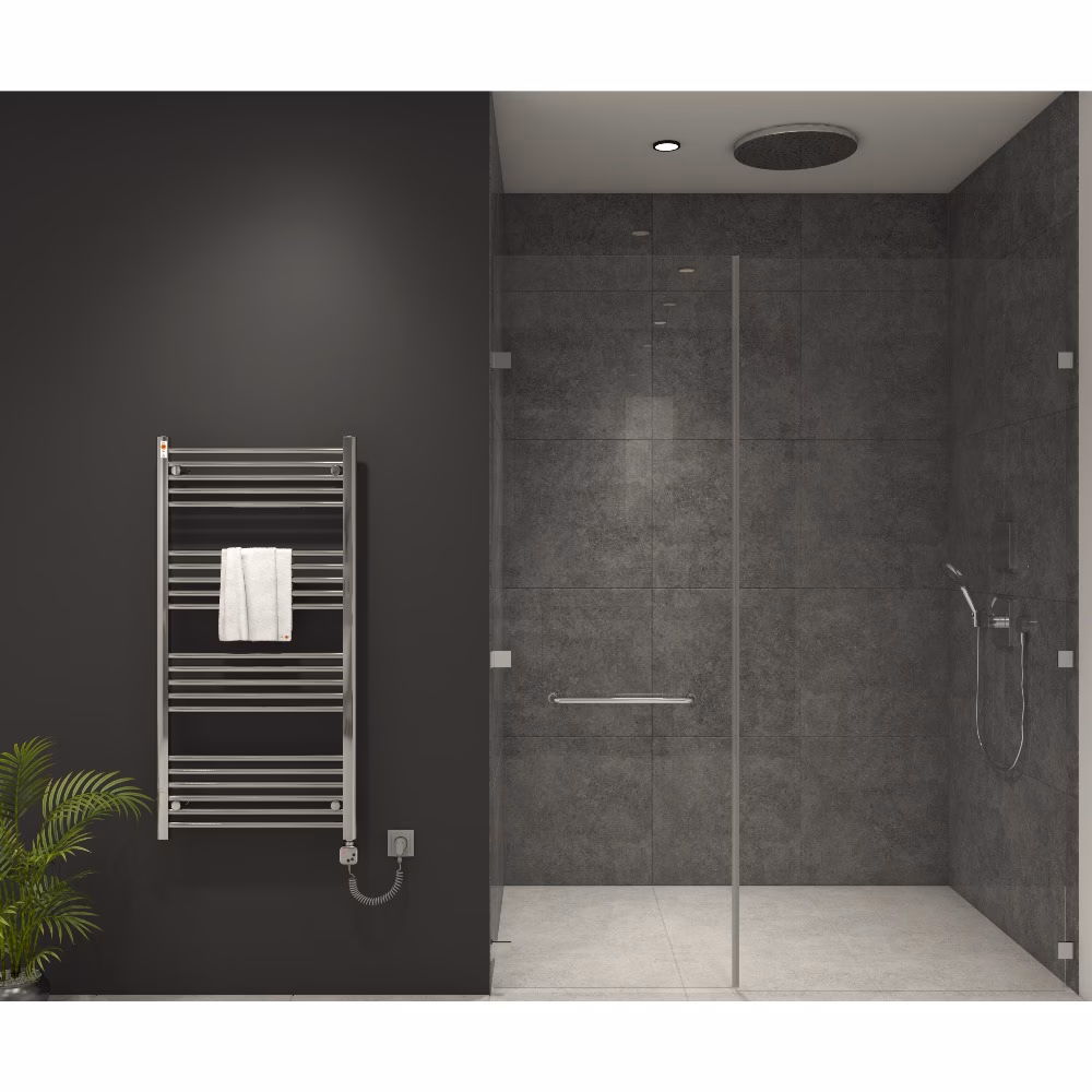 MERT elektrische badkamerradiator, verchroomd, recht, 600x1200 mm met MERT KMX1 regelaar en 400 watt verwarmingselement, van het merk Mert MERT elektrische badkamerradiator met KMX1-regelaar, chroom, uit de categorie elektrische radiatoren met artikelnummer E3-60x120+KMX1-400W