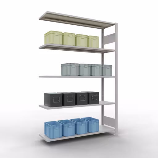 Aanbouwrekken, legborden, insteeksysteem MULTIplus150, 2000 x 1300 x 400 mm (HxBxD), 5 legborden, lengtestangen, RAL 7035 lichtgrijs met artikelnr. 32645-130-LR Aanbouwrekken, rekken, insteeksysteem MULTIplus150, 2000 x 1300 x 400 mm, 5 legborden, lengtestangen, RAL 7035 lichtgrijs van Schulte Lagertechnik uit de categorie insteeksystemen