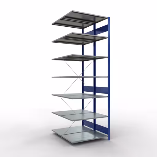 Aanbouwrekken, dubbele rekken, rekkensysteem MULTIplus150, 3000 x 1000 x (2x1200) mm (HxBxD), 2x7 planken, kruisschoor, RAL 5010 gentiaanblauw van Schulte Lagertechnik Aanbouwrekken, dubbele rekken, stellingsysteem MULTIplus150, 3000 x 1000 x (2x1200) mm (HxBxD), 2x7 planken, kruisschoor, RAL 5010 gentiaanblauw, dubbele planken, art.nr. 32767-B