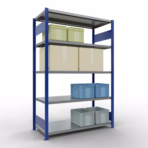 Productafbeelding nr. 14 van het artikel basisplank, legbord, insteeksysteem MULTIplus250, 2000 x 1300 x 600 mm (HxBxD), 5 legborden, lengtebalk, RAL 5010 gentiaanblauw/verzinkt Figuur nr. 14 van het artikel basisrek, legbord, insteeksysteem MULTIplus250, 2000 x 1300 x 600 mm, 5 legborden, lengtestangen, RAL 5010 gentiaanblauw/verzinkt uit de insteeksysteem productgroep van Schulte Lagertechnik.