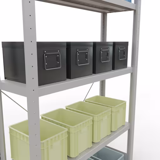 Productafbeelding nr. 13 van het artikel basisplank, plankplank, insteeksysteem MULTIplus330, 2000 x 1000 x 300 mm, 5 planken, kruisschoor, RAL 7035 lichtgrijs Figuur nr. 13 van het artikel basisplank, legbord, insteeksysteem MULTIplus330, 2000 x 1000 x 300 mm, 5 legborden, kruisschoor, RAL 7035 lichtgrijs uit de productgroep insteeksysteem van Schulte Lagertechnik.