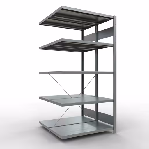 Aanbouwrekken, dubbele rekken, stellingsysteem MULTIplus250, 2000 x 1000 x (2x500) mm (HxBxD), 2x5 planken, kruisschoor, gegalvaniseerd van Schulte Lagertechnik Aanbouwplank, dubbele plank, stellingsysteem MULTIplus250, 2000 x 1000 x (2x500) mm (HxBxD), 2x5 legborden, kruisschoor, verzinkt, dubbele legborden, art.nr. 14255-A