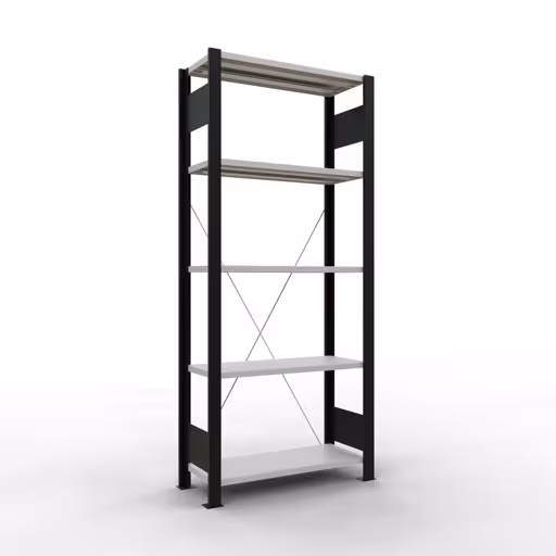 Basisplank, kantoorrek, insteeksysteem MULTIplus85, 1800 x 750 x 300 mm (HxBxD), 5 planken, dwarsschoor, zonder aanslaglijst, zwart/lichtgrijs, insteeksysteem, art.nr. 36018-S