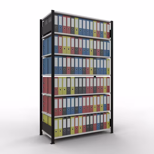 Figuur nr. 10 van het artikel basisplank, kantoorplank, insteeksysteem MULTIplus150, 2300 x 1300 x 600 mm, 7 planken, lengtestangen, met middenaanslag, zwart/lichtgrijs uit de productgroep kantoorplanken van Schulte Lagertechnik.