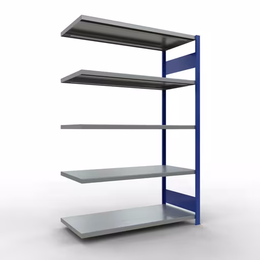 Aanbouwrekken, rekken, insteeksysteem MULTIplus250, 2000 x 1300 x 600 mm (HxBxD), 5 planken, lengtestangen, RAL 5010 gentiaanblauw/gegalvaniseerd van Schulte Lagertechnik Aanbouwrekken, rekken, insteeksysteem MULTIplus250, 2000 x 1300 x 600 mm (HxBxD), 5 legborden, lengtebalk, RAL 5010 gentiaanblauw/verzinkt, aanbouwplank, art.nr. 12965-130-LR-B