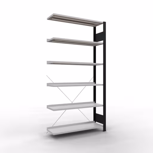 Figuur nr. 12 van het artikel aanbouwrekken, kantoorrekken, insteeksysteem MULTIplus85, 2000 x 1000 x 300 mm, 6 planken, kruisschoor, met aanslaglijst, zwart/lichtgrijs uit de productgroep kantoorrekken van Schulte Lagertechnik.