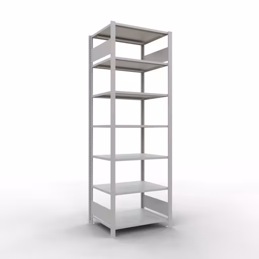 Basisstelling, kantoorstelling, insteeksysteem MULTIplus150, 2300 x 750 x 600 mm, 7 legborden, lengtestangen, zonder middenaanslag, lichtgrijs van Schulte Lagertechnik uit het assortiment kantoorstellingen