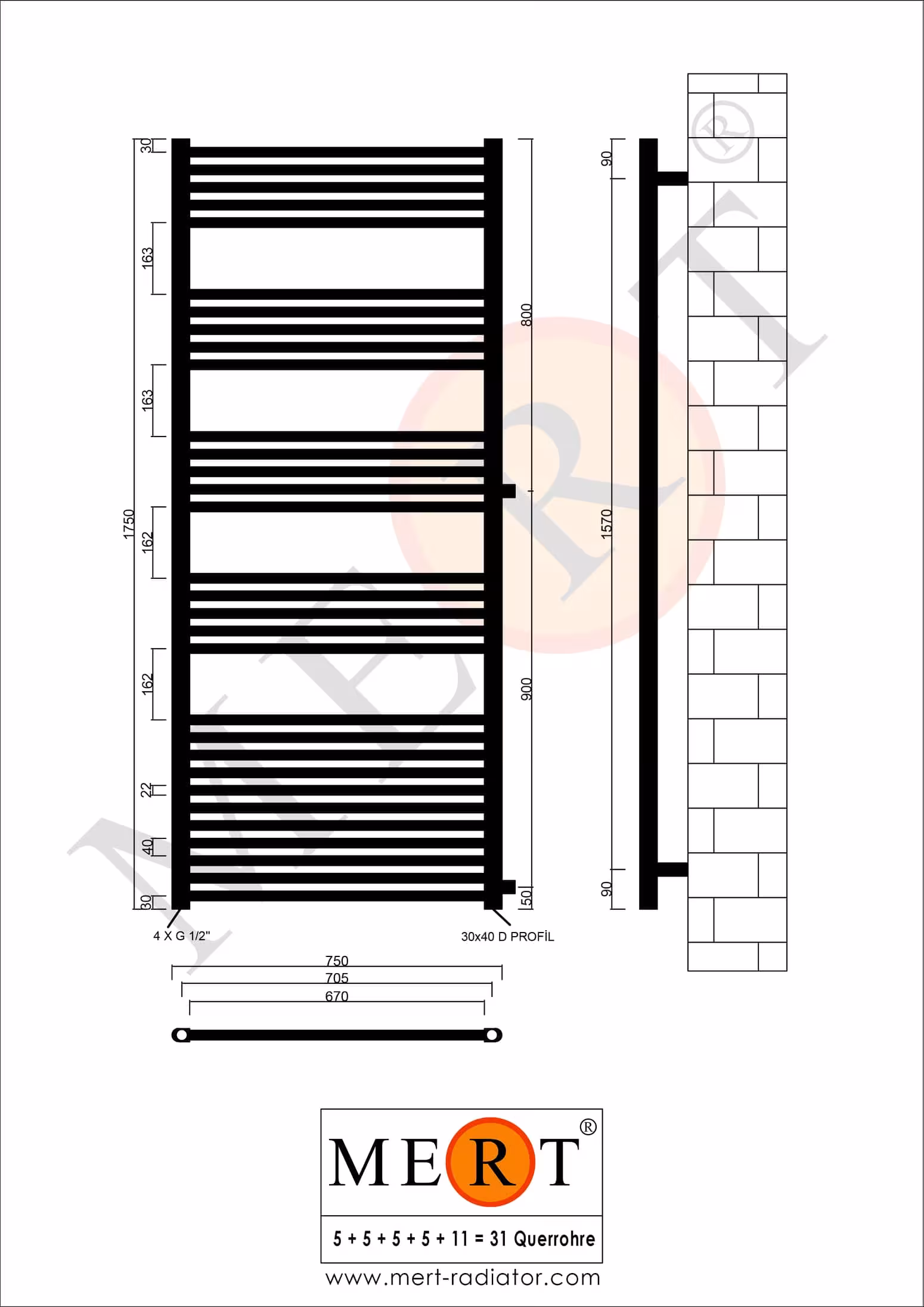 MERT vervangende badkamerradiator wit recht, 750*1750 mm, aansluiting zijkant 900 mm van MERT met art.nr. 1-75x175-ASR-90