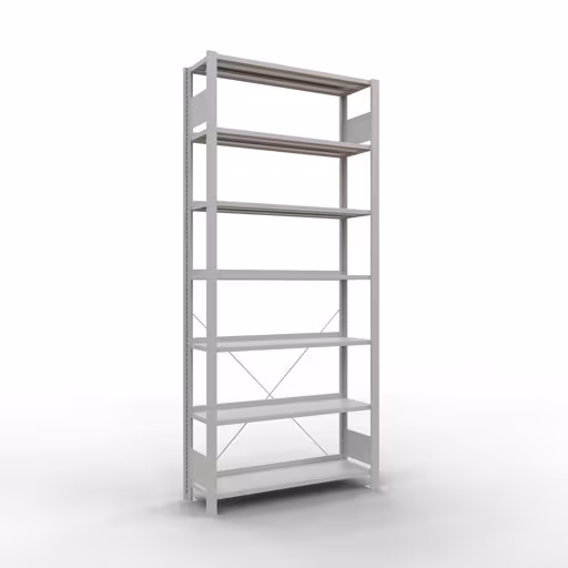 Basisplank, kantoorrek, insteeksysteem MULTIplus85, 2300 x 1000 x 300 mm (HxBxD), 7 planken, dwarsschoor, met aanslagbalk, lichtgrijs, insteeksysteem, art.nr. 36013