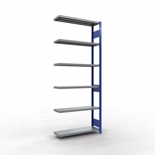 Aanbouwrekken, legbordstellingen, insteeksysteem MULTIplus250, 2500 x 1000 x 300 mm (HxBxD), 6 legborden, lengtestangen, RAL 5010 gentiaanblauw/verzinkt, aanbouwplank, art.nr. 12936-LR-B