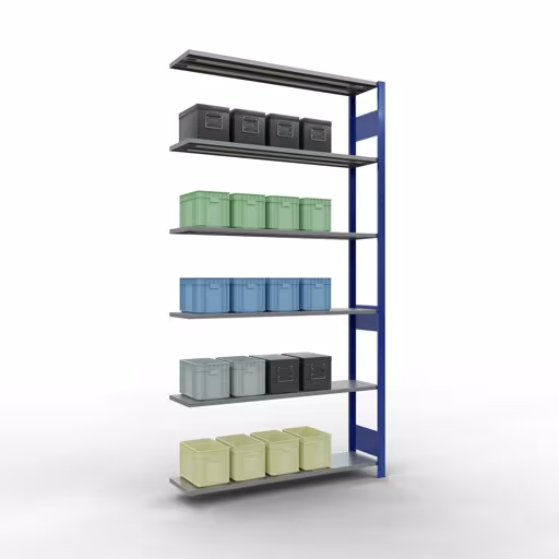 Aanbouwrekken, rekken, insteeksysteem MULTIplus150, 2500 x 1300 x 300 mm (HxBxD), 6 planken, lengtebalk, RAL 5010 gentiaanblauw/verzinkt met artikelnr. 12736-130-LR-B Aanbouwrekken, rekken, insteeksysteem MULTIplus150, 2500 x 1300 x 300 mm, 6 planken, RAL 5010 gentiaanblauw/verzinkt van Schulte Lagertechnik uit de categorie insteeksystemen