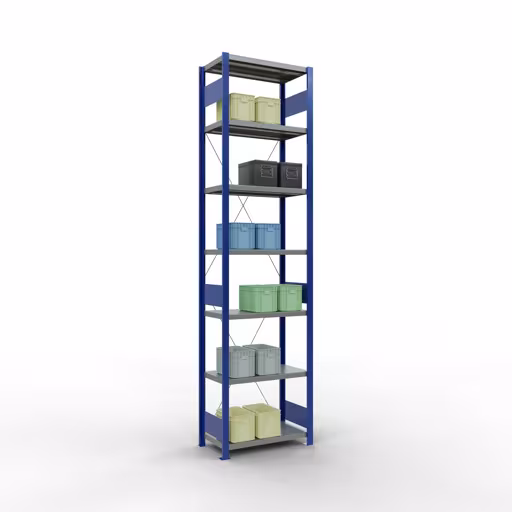 Productafbeelding nr. 12 van het artikel basisplank, legbord, insteeksysteem MULTIplus250, 3000 x 750 x 400 mm (HxBxD), 7 legborden, kruisschoor, RAL 5010 gentiaanblauw/verzinkt/verzinkt Figuur nr. 12 van het artikel basisrek, legbord, insteeksysteem MULTIplus250, 3000 x 750 x 400 mm, 7 legborden, kruisschoor, RAL 5010 gentiaanblauw/verzinkt/verzinkt uit de insteeksysteem productgroep van Schulte Lagertechnik.