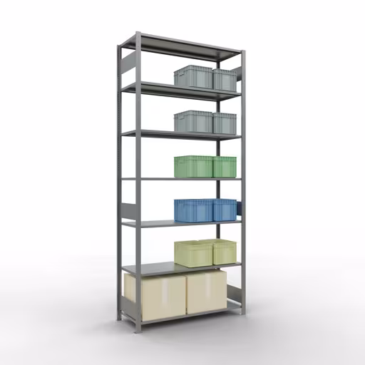 Basisplank, legplank, insteeksysteem MULTIplus150, 3000 x 1300 x 500 mm (HxBxD), 7 legborden, lengtestangen, verzinkt met GTIN 4004514280497 Basisplank, legbord, insteeksysteem MULTIplus150, 3000 x 1300 x 500 mm, 7 legborden, lengtestangen, verzinkt van Schulte Lagertechnik met het artikelnr. 12752-130-LR