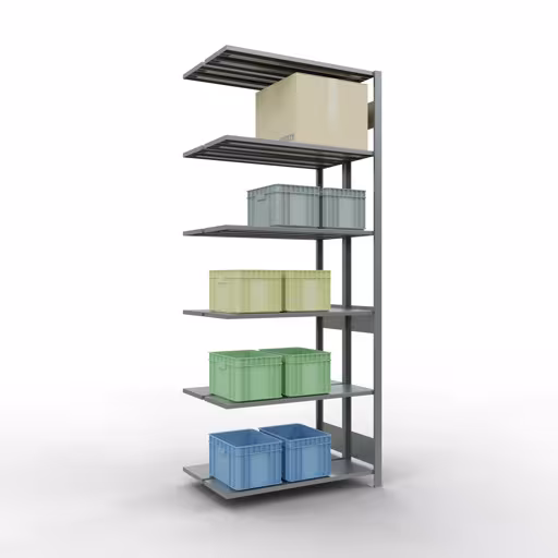 Aanbouwstelling, dubbele stelling, stellingsysteem MULTIplus150, 2500 x 1000 x (2x300) mm (HxBxD), 2x6 planken, lengtestangen, verzinkt uit de categorie dubbele stelling met de GTIN 4004514261854 Aanbouwrekken, dubbele rekken, rekkensysteem MULTIplus150, 2500 x 1000 x (2x300) mm, 2x6 planken, lengtestangen, verzinkt van Schulte Lagertechnik uit het rekkenprogramma