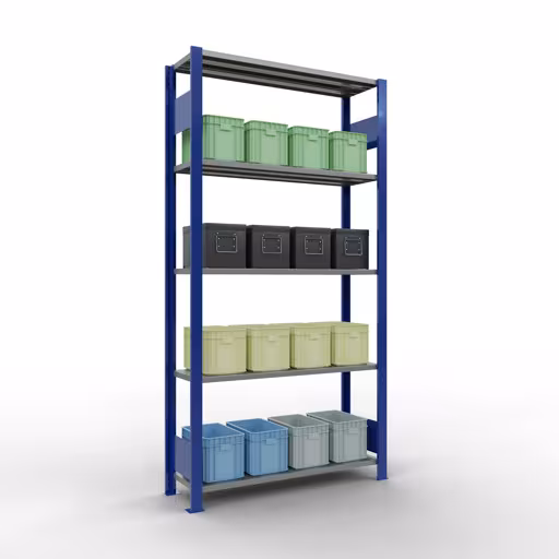 Basisplank, legplank, insteeksysteem MULTIplus150, 2000 x 1000 x 300 mm (HxBxD), 5 legborden, lengtestangen, RAL 5010 gentiaanblauw/verzinkt uit de categorie basisplanken met de GTIN 4004514279484 Basisplank, legbord, insteeksysteem MULTIplus150, 2000 x 1000 x 300 mm, 5 legborden, lengtestangen, RAL 5010 gentiaanblauw/verzinkt van Schulte Lagertechnik uit het assortiment insteeksysteem