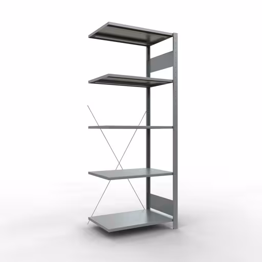 Aanbouwrekken, legborden, insteeksysteem MULTIplus150, 2000 x 750 x 500 mm (HxBxD), 5 legborden, kruisschoor, verzinkt, aanbouwplank, art.nr. 12755-75