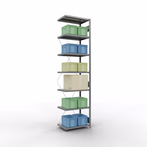 Figuur nr. 13 van het artikel aanbouwrekken, legbordstellingen, insteeksysteem MULTIplus250, 3000 x 750 x 500 mm, 7 legborden, kruisschoor, verzinkt uit de productgroep insteeksysteem van Schulte Lagertechnik.