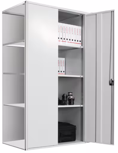 Vleugeldeurkast, opzetplank 2000 x 1000 x 1000 mm, RAL 7035 lichtgrijs/gegalvaniseerd, 5 MULTIplus250 planken, zijwand, achterwand, 1 stuk draaideur van het merk Schulte Lagertechnik uit het plug-in systeem assortiment