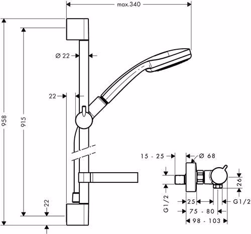 Technische Zeichnung 4026775 Hansgrohe douchecombinatie CROMA 100 ECOSTAT 1001 SL Doucheglijstang Unica C 900 mm chroom