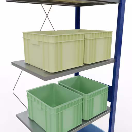 Andere weergave van het artikel Aanbouwplank, legbord, insteeksysteem MULTIplus150, 3000 x 750 x 500 mm, 7 legborden, kruisschoor, RAL 5010 gentiaanblauw/verzinkt/verzinkt uit de categorie insteeksysteem