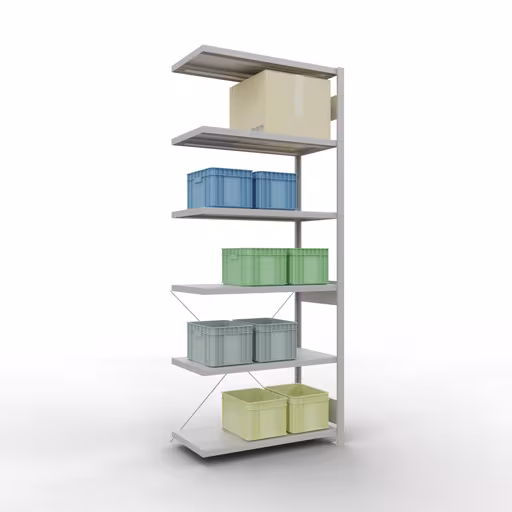 Aanbouwrekken, rekken, insteeksysteem MULTIplus330, 2500 x 1000 x 500 mm (HxBxD), 6 planken, kruisschoor, RAL 7035 lichtgrijs van Schulte Lagertechnik met het artikelnr. 33856